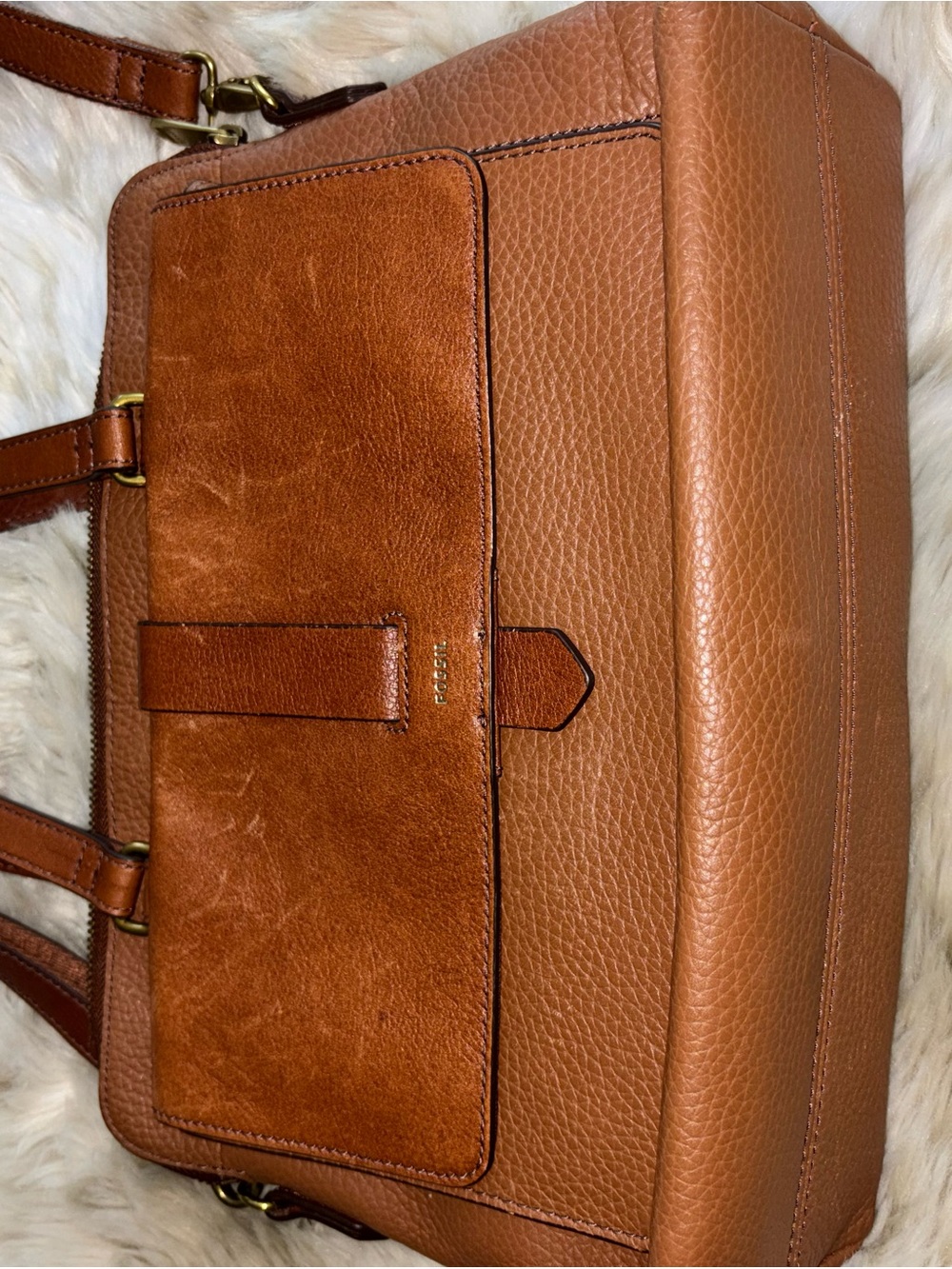 Fossil Tan/Brown Leather Satchel with Front Pocket - Picture 2 of 7